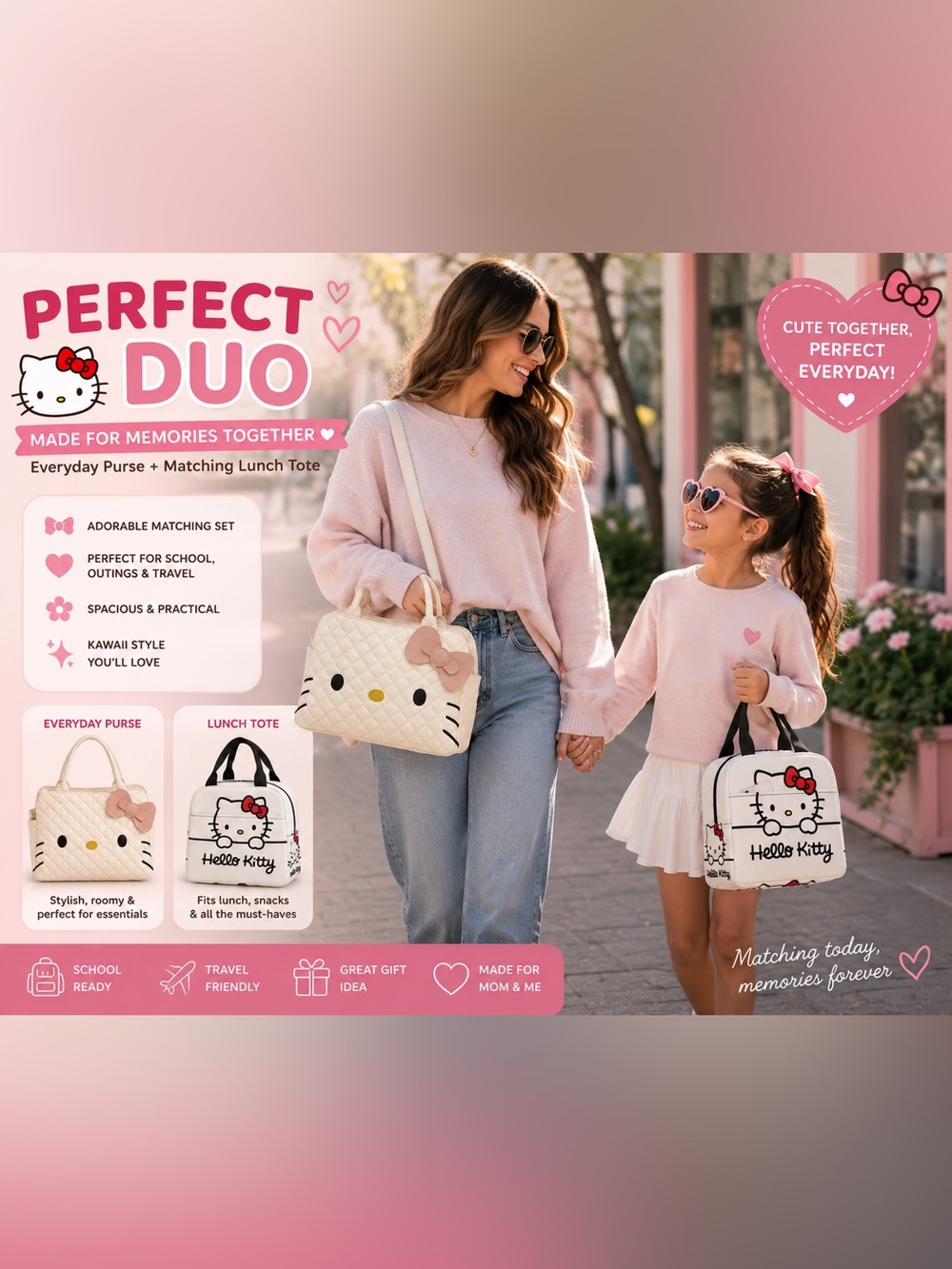 Hello Kitty Cream & Pink Quilted Satchel with Matching White Lunch Tote - Picture 3 of 9